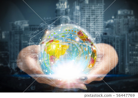 Hand holding abstract illuminated globe and Hand holding abstract illuminated globe and 56447769