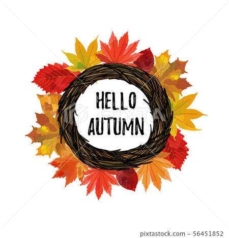 Autumn leaves wreath with hello autumn text - Stock Illustration ...