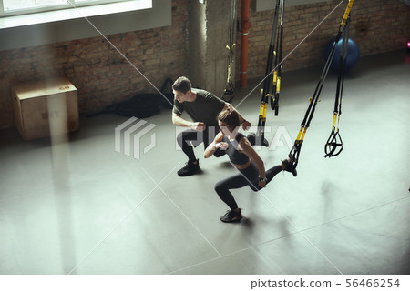 Deep squat. Young active couple in sportswear training legs with Trx fitness straps at gym. Deep squat. Young active couple in sportswear training legs with Trx fitness straps at gym. 56466254