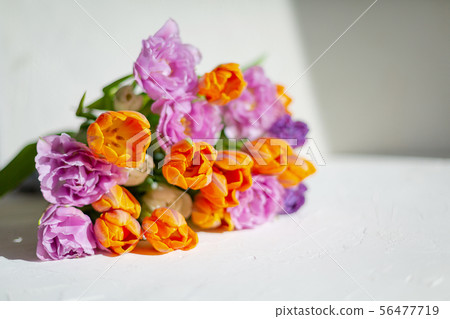 Bouquete of colorful spring tulips in a sunny day Bouquete of colorful spring tulips in a sunny day 56477719