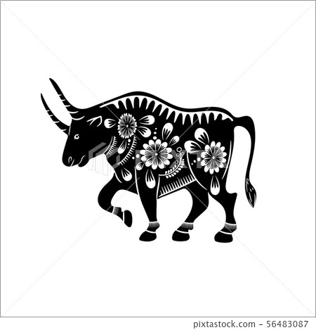 Chinese zodiac symbol of the year of the bull. Black bull with white ornament. 56483087