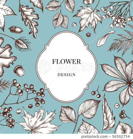 Badge over design with rowan, rowan, acorn, buckeye, fern, maple, birch, maple leaves, lagurus 56502754