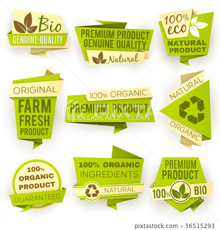 Ecology green origami paper banners. Eco natural organic product sale tags and badges vector set 56515293