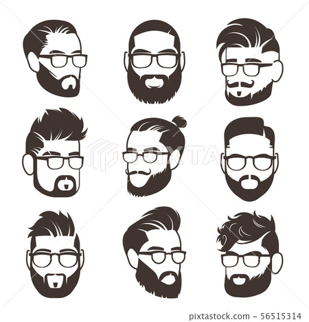 Handsome bearded hipster man faces with mustache and modern male hairstyle vector avatars isolated 56515314