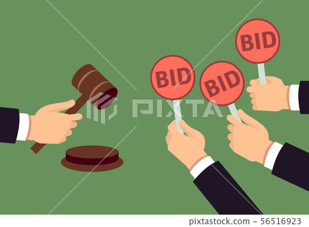 Bidders human arms holding bid paddle and auctioneer hand with gavel. Auction bidding and justice Bidders human arms holding bid paddle and auctioneer hand with gavel. Auction bidding and justice 56516923