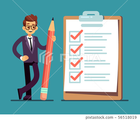 Businessman holding pencil at big complete checklist with tick marks. Business organization and 56518019