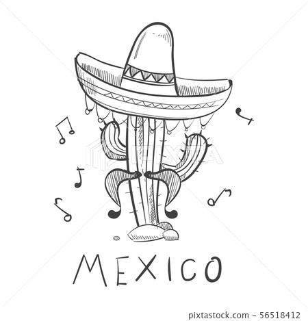 Mexico sketch cactus in sombrero - hand drawn mexican Mexico sketch cactus in sombrero - hand drawn mexican 56518412