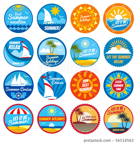 Vintage summer labels. Tropical holiday vector logos with typography - emblems with sun and sea Vintage summer labels. Tropical holiday vector logos with typography - emblems with sun and sea 56518563
