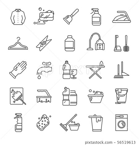 Cleaning and washing house, laundry outline vector icons. Antiseptic service line symbols 56519613