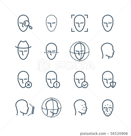 Face recognition line icons. Faces biometrics detection, facial scanning and unlock system vector 56520906