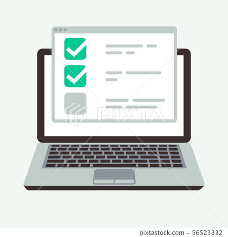 Online checklist on laptop display. Success quiz and exam testing vector concept Online checklist on laptop display. Success quiz and exam testing vector concept 56523332