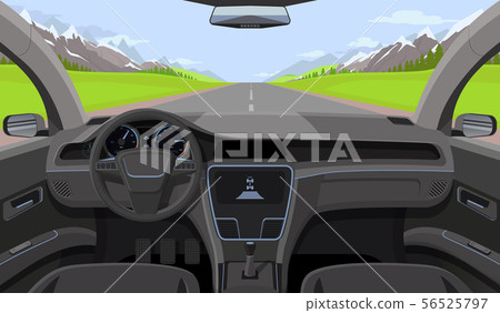 Vehicle salon, inside car driver view with rudder, dashboard and road, landscape in windshield 56525797