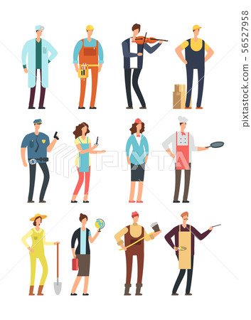 Man and woman workers with tools in uniform. Cartoon vector characters of different professions 56527958