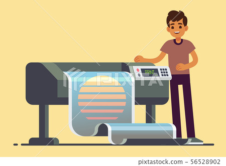 Man worker at plotter printing wide format large banner vector illustration 56528902