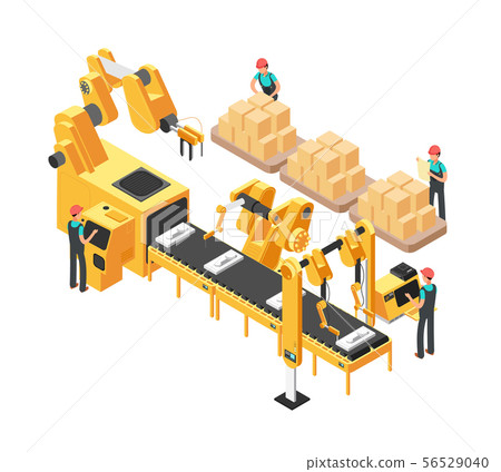 Isometric electronic factory with conveyor assembly line, operators and robots. 3d vector Isometric electronic factory with conveyor assembly line, operators and robots. 3d vector 56529040