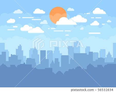 Flat cityscape with blue sky, white clouds and sun. Modern city skyline flat panoramic vector 56531634