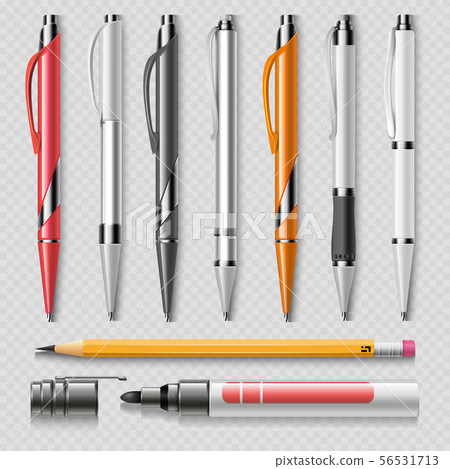 Realistic office stationery isolated on transparent background - pens, pencil and marker realistic Realistic office stationery isolated on transparent background - pens, pencil and marker realistic 56531713