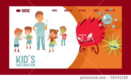 Kids vaccination banner website design. Sick children attacked by microbes vector illustration Kids vaccination banner website design. Sick children attacked by microbes vector illustration 56545280