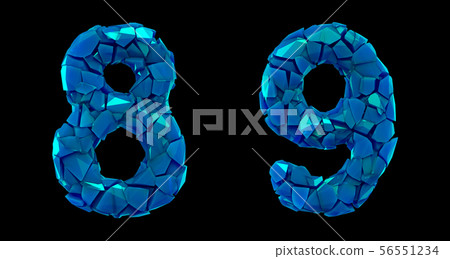 Number set 8, 9 made of 3d render plastic shards blue color. Number set 8, 9 made of 3d render plastic shards blue color. 56551234