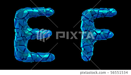 Letter set E, F made of 3d render plastic shards blue color. Letter set E, F made of 3d render plastic shards blue color. 56551534