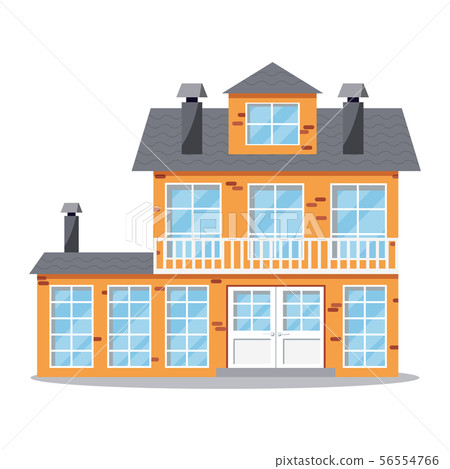 Icon of brick farm two-storied cottage house with balcony, chimney 56554766