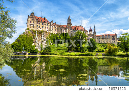 Sigmaringen Castle rising above Danube river, 56571323