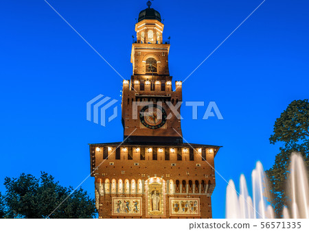 Sforza Castle and beautiful fountain at night, 56571335