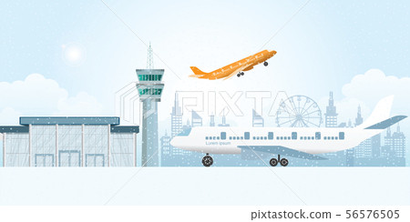 Winter at the airport with snowfall. 56576505