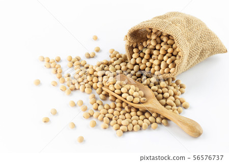 soybean pour out small sack with wooden spoon on soybean pour out small sack with wooden spoon on 56576737