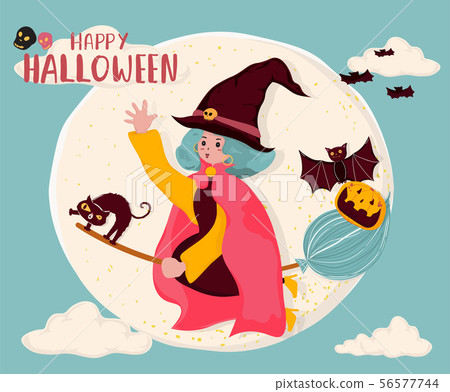cute flat vector a witch ride a magic bloom, 56577744
