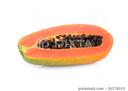 half cut of ripe papaya with seeds isolated on 56578033