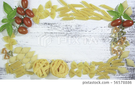 Pasta frame: Various short pasta (Penne, Fettuccine, Farfalle) 56578886