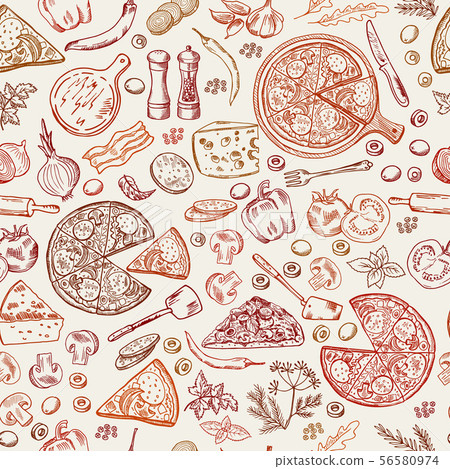 Seamless pattern with classical italian foods. Hand drawn illustrations of pizza Seamless pattern with classical italian foods. Hand drawn illustrations of pizza 56580974