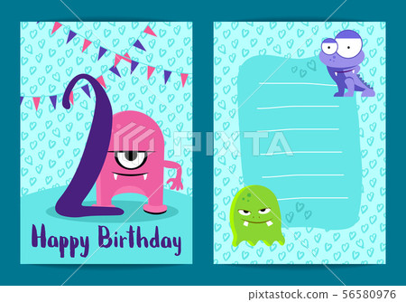 Vector happy birthday cards with cute monsters, garlands and age number on hand drawn stars Vector happy birthday cards with cute monsters, garlands and age number on hand drawn stars 56580976