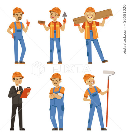 Mascot design of builders in different action poses. Industrial workers in specific uniform. Vector Mascot design of builders in different action poses. Industrial workers in specific uniform. Vector 56581020