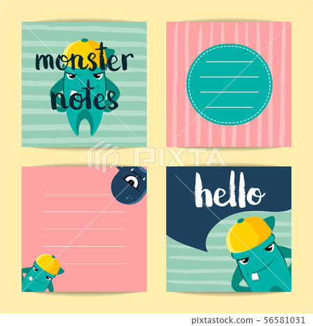 Vector square note cards with cute cartoon monsters on stripes background 56581031