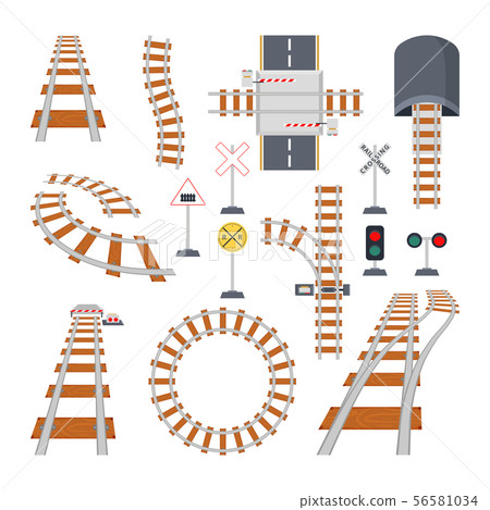 Different structural elements of railway. Vector collection in cartoon style 56581034
