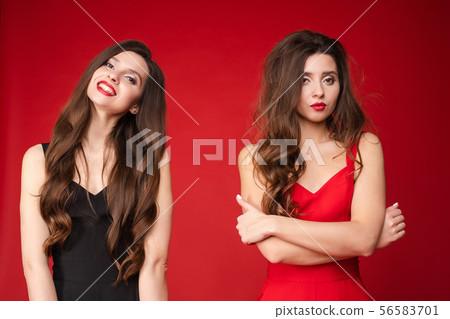 Happy beautiful woman standing near sad shaggy Happy beautiful woman standing near sad shaggy 56583701