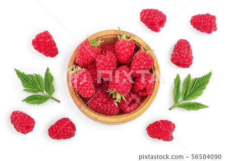 raspberries in wooden bowl with leaves isolated on white background. Top view. Flat lay 56584090