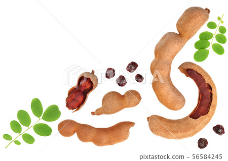 Tamarind fruit with leaf and seed isolated on white background with copy space for your text. Top 56584245