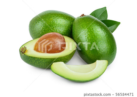 avocado and half with leaves isolated on white background close-up 56584471