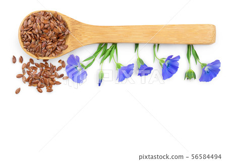 flax seeds in wooden spoon with flower isolated on white background flax seeds in wooden spoon with flower isolated on white background 56584494