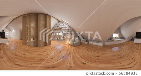 3d illustration 360 spherical panorama interior design lounge area of the attic floor in a private 56584935