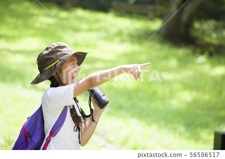 Elementary school girl doing bird watching 56586517
