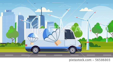 cargo van truck driving road parcel box with parachute flying down from sky express delivery service 56586803