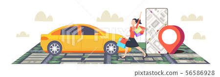 woman using smartphone ordering taxi mobile navigation app with location gps position on city map woman using smartphone ordering taxi mobile navigation app with location gps position on city map 56586928