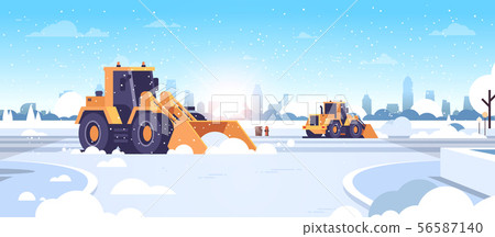 snow plow tractors cleaning city snowy roads winter streets snow removal concept modern cityscape 56587140