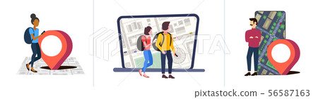 set people using navigation app with location marker gps position on city urban map with buildings 56587163