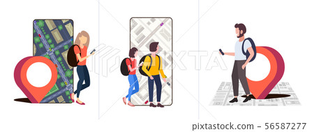 set people using navigation app with location marker gps position on city urban map with buildings set people using navigation app with location marker gps position on city urban map with buildings 56587277