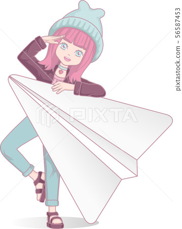 Anime Manga Girl With Paper Plane Cartoon Stock Illustration